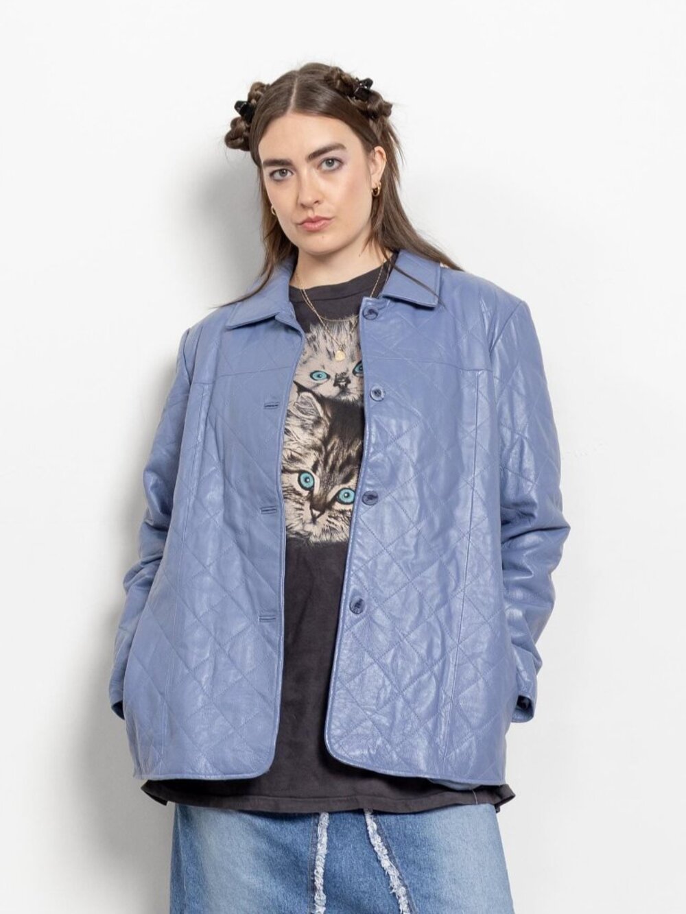 BLUE Quilted LEATHER JACKET Women Vintage Trench Coat 90's / Medium Large